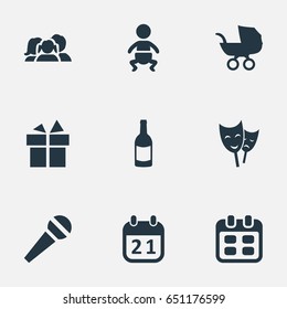 Vector Illustration Set Of Simple Celebration Icons. Elements Infant, Special Day, Domestic And Other Synonyms Mask, Microphone And Champagne.
