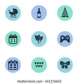 Vector Illustration Set Of Simple Celebration Icons. Elements Decorations;, Game, Beverage And Other Synonyms Game, Decorations And Theater.