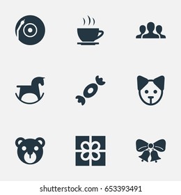 Vector Illustration Set Of Simple Celebration Icons. Elements Resonate, Pet Shop, Group And Other Synonyms Pony, Dj And Sweet.