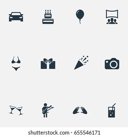 Vector Illustration Set Of Simple Celebration Icons. Elements Beachwear, Automobile, Audience And Other Synonyms Champagne, Apparatus And Photo.