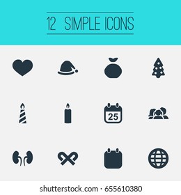 Vector Illustration Set Of Simple Celebration Icons. Elements Heart, Worldwide Delivery, Kidney And Other Synonyms Bag, Earth And Kidney.
