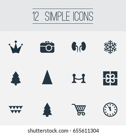 Vector Illustration Set Of Simple Celebration Icons. Elements Carnival Hat, Forest, Gift And Other Synonyms Photo, Present And Clock.