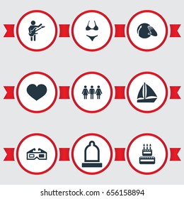 Vector Illustration Set Of Simple Celebration Icons. Elements Beachwear, Birthday Pie, 3D And Other Synonyms Rubber, Heart And Beach.