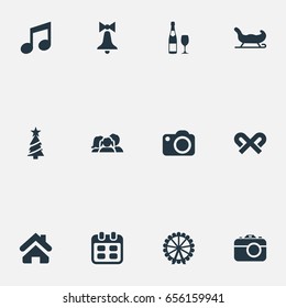 Vector Illustration Set Of Simple Celebration Icons. Elements Funfair, Relatives, Musical Note And Other Synonyms Carnival, Music And Date.
