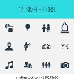 Vector Illustration Set Of Simple Celebration Icons. Elements Children, Tone, Wineglasses And Other Synonyms Photo, Decoration And Beer.