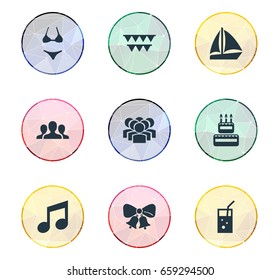 Vector Illustration Set Of Simple Celebration Icons. Elements Community, Garland, Carbonated Drink Synonyms Bow, Yachting And Cake.