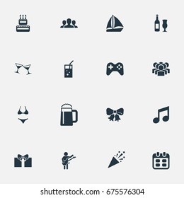 Vector Illustration Set Of Simple Celebration Icons. Elements Wine, Sail Yacht, Birthday Pie And Other Synonyms Bells, Note And Beach.