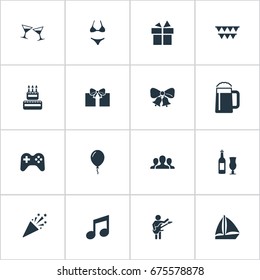Vector Illustration Set Of Simple Celebration Icons. Elements Wineglasses, Joystick, Tone And Other Synonyms Sea, Popper And Celebration.
