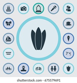 Vector Illustration Set Of Simple Celebration Icons. Elements Rubber, Garland, Photo Apparatus Synonyms Ice, Rubber And Movie.