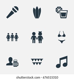 Vector Illustration Set Of Simple Celebration Icons. Elements Tone, Garland, Guest Synonyms Mic, Acquaintances And Pub.