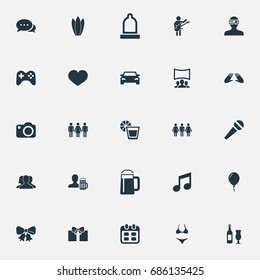 Vector Illustration Set Of Simple Celebration Icons. Elements Mike, Rubber, Wine And Other Synonyms Mates, Movie And Mug.