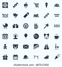 Vector Illustration Set Of Simple Celebration Icons. Elements Carousel, Present, Cracker And Other Synonyms Dj, Firework And Tea.