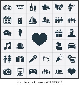 Vector Illustration Set Of Simple Celebration Icons. Elements Audience, Confetti, Lineage And Other Synonyms Musician, Celebrate And Symbol.