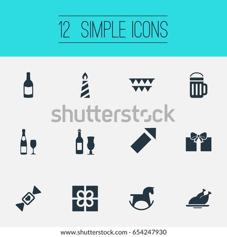 Vector Illustration Set Of Simple Celebration Icons. Elements Present, Champagne, Evening Event And Other Synonyms Champagne, Rocket And Pony.