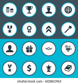 Vector Illustration Set Of Simple Champion Icons. Elements Guard, Literature, Prize And Other Synonyms Textbook, Wings And Student.