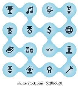 Vector Illustration Set Of Simple Champion Icons. Elements Guard, Cinema, Literature And Other Synonyms Library, Avatar And Currency.