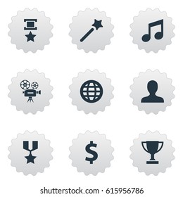 Vector Illustration Set Of Simple Champion Icons. Elements World, Cinema, Triumphant And Other Synonyms Melody, Trophy And Cup.