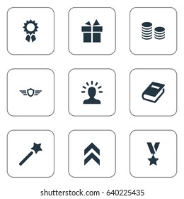 Vector Illustration Set Of Simple Champion Icons. Elements Guard, Miracle, Currency And Other Synonyms Wand, Medallion And Medal.