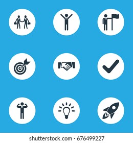 Vector Illustration Set Of Simple Champion Icons. Elements Target, Handshaking Partners, Victory Synonyms Strong, Idea And Attainment.