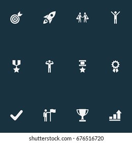 Vector Illustration Set Of Simple Champion Icons. Elements Victory, Correct Sign, Hero And Other Synonyms First, Handshake And Sign.