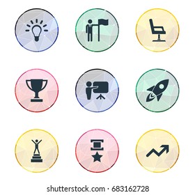 Vector Illustration Set Of Simple Champion Icons. Elements Presentation, Chair, Innovation And Other Synonyms Chair, Arrow And Achievement.