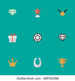 Vector Illustration Set Of Simple Champion Icons. Elements Brilliant, Star, Gemstone And Other Synonyms Corona, Crown And Medal.