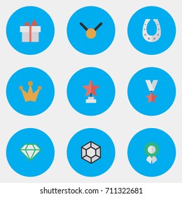 Vector Illustration Set Of Simple Champion Icons. Elements Present, Gemstone, Trophy And Other Synonyms Metal, Reward And Coronet.