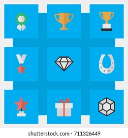 Vector Illustration Set Of Simple Champion Icons. Elements Present, Trophy, Goblet And Other Synonyms First, Medal And Horseshoe.