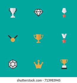Vector Illustration Set Of Simple Champion Icons. Elements Goblet, Diamond, Premium And Other Synonyms Prize, Goblet And Coronet.