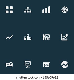 Vector Illustration Set Of Simple Chart Icons. Elements Analytics, Structure, Increase Graph And Other Synonyms Organisation, Aim And Board.