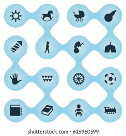 Vector Illustration Set Of Simple Child Icons. Elements Kid, Fetus, Ferris Wheel And Other Synonyms Step, Horse And Ferris.