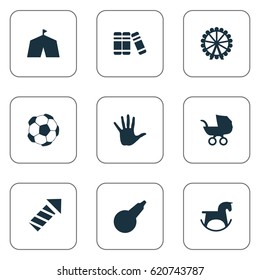 Vector Illustration Set Of Simple Child Icons. Elements Soccer, Palm, Pony And Other Synonyms Show, Ferris And Soccer.