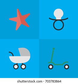 Vector Illustration Set Of Simple Child Icons. Elements Nipple, Toy, Stroller And Other Synonyms Scooter, Stroller And Carriage.