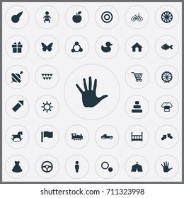 Vector Illustration Set Of Simple Child Icons. Elements Balance, Kid, Pickup Car And Other Synonyms Shopping, Kid And Healthcare.