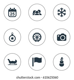Vector Illustration Set Of Simple Christmas Icons. Elements Tree Toy, Snow, Pin And Other Synonyms Sleigh, Date And Sledge.