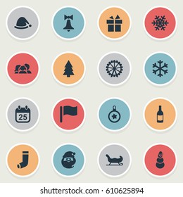 Vector Illustration Set Of Simple Christmas Icons. Elements Drink Bottle, Forest, Ice Man And Other Synonyms Calendar, Ice And Bell.