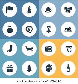 Vector Illustration Set Of Simple Christmas Icons. Elements Forest, Christmas Decoration, Pin And Other Synonyms Present, Equipment And Sack.
