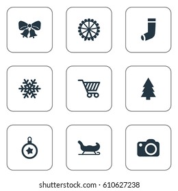 Vector Illustration Set Of Simple Christmas Icons. Elements Christmas Decoration, Christmas Decoration, Forest And Other Synonyms Funfair, Forest And Snow.