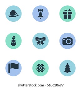 Vector Illustration Set Of Simple Christmas Icons. Elements Photography, Decoration, Christmas Decoration And Other Synonyms Decoration, Bell And Bow.