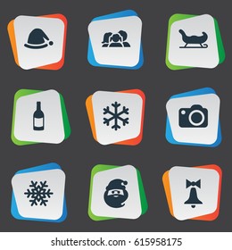 Vector Illustration Set Of Simple Christmas Icons. Elements Decoration, Christmas Character, Drink Bottle And Other Synonyms Cap, Bell And Relatives.