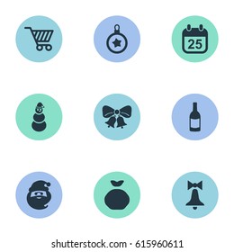Vector Illustration Set Of Simple Christmas Icons. Elements Calendar, Decoration, Tree Toy And Other Synonyms Day, Cart And Present.