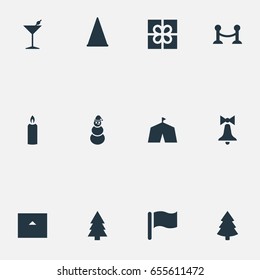 Vector Illustration Set Of Simple Christmas Icons. Elements Carnival Hat, Decoration, Circus Tent And Other Synonyms Snow, Tree And Candle.