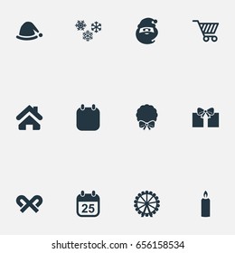 Vector Illustration Set Of Simple Christmas Icons. Elements Surprise, Striped Lollipop, December And Other Synonyms Wax, Character And Hat.
