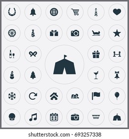 Vector Illustration Set Of Simple Christmas Icons. Elements Decoration, Festive, Basket And Other Synonyms Flag, Basket And Cottage.