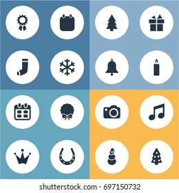 Vector Illustration Set Of Simple Christmas Icons. Elements Fire Wax, Ice Man, Crown And Other Synonyms Decoration, Snowflake And Snow.