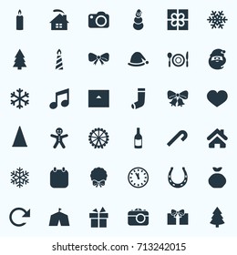 Vector Illustration Set Of Simple Christmas Icons. Elements Dinner, Gift, Lollipop And Other Synonyms Refresh, Wreath And Candy.