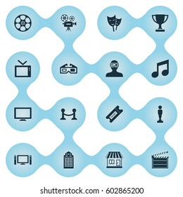 Vector Illustration Set Of Simple Cinema Icons. Elements Spectator, Screen, Structure And Other Synonyms Clapper, Retro And Board.