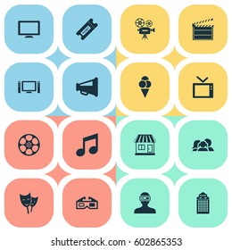 Vector Illustration Set Of Simple Cinema Icons. Elements Action, Filmstrip, Spectator And Other Synonyms Monitor, Clapper And Home.
