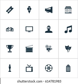 Vector Illustration Set Of Simple Cinema Icons. Elements Megaphone, 3D Glasses, Music Note And Other Synonyms Ticket, Movie And Reward.