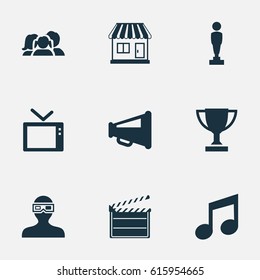 Vector Illustration Set Of Simple Cinema Icons. Elements Action, Megaphone, Grocery And Other Synonyms 3D, Glasses And Megaphone.